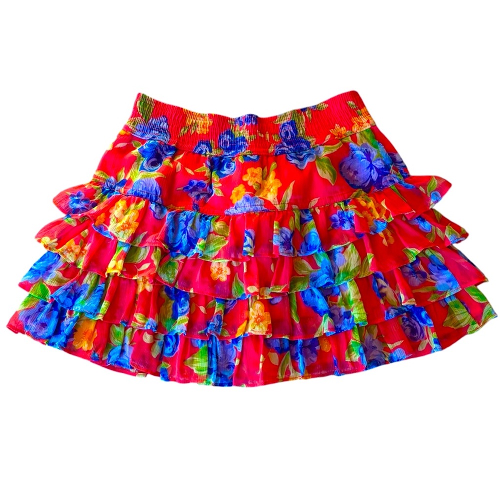 ABERCROMBIE ❌SOLD❌ & FITCH Y2K RED BLUE FLORAL RUFFLE TIERED MINI SKIRT XS